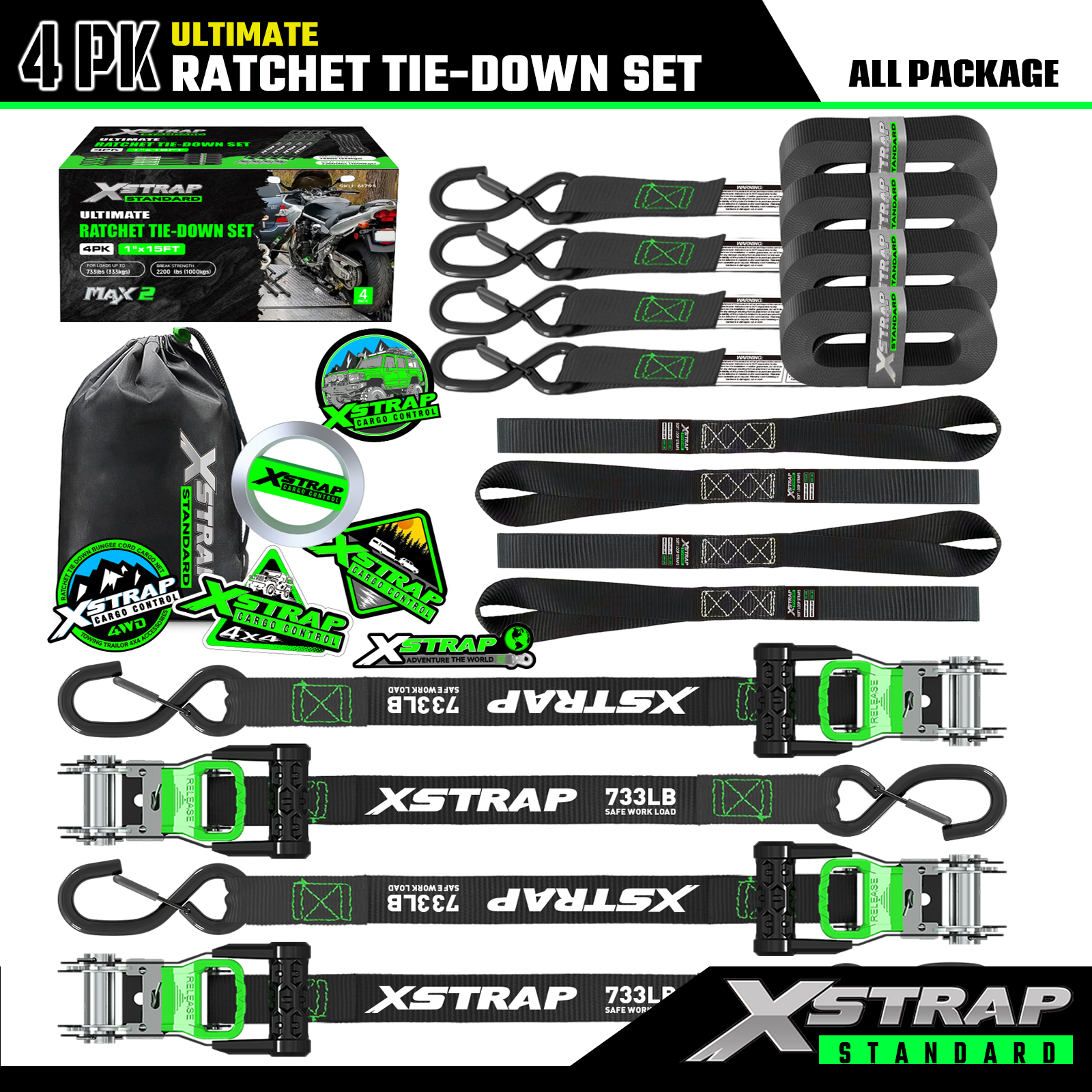 8pk 1 inch 15ft Ratchet Tie Down Set