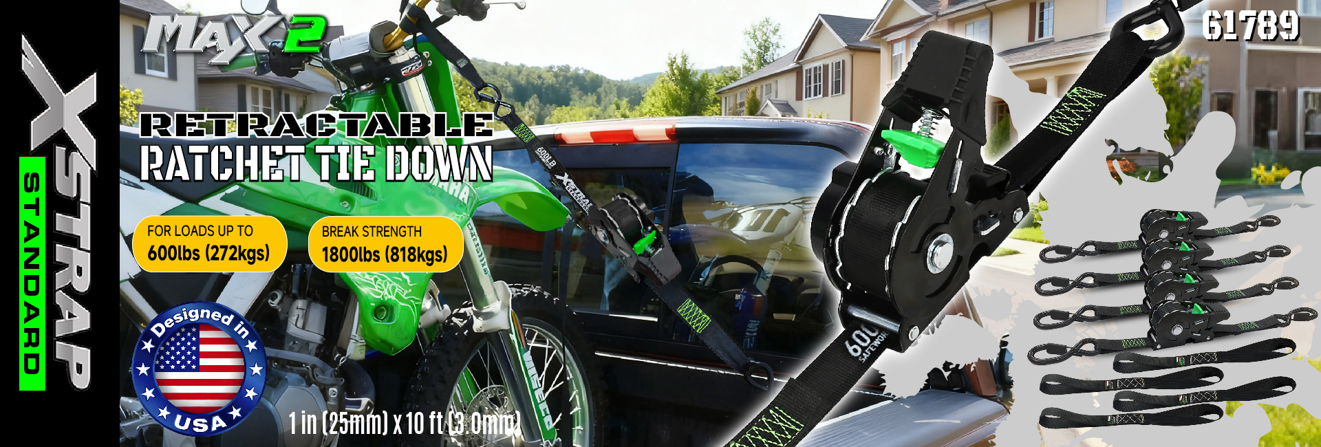 Xstrap 61789  Retractable Ratchet Tie Down Straps 1 in x 10 ft Secure Tie-Downs for Motorcycle Jetski Kayak Breaking Strength 1,500LBS/680KG 