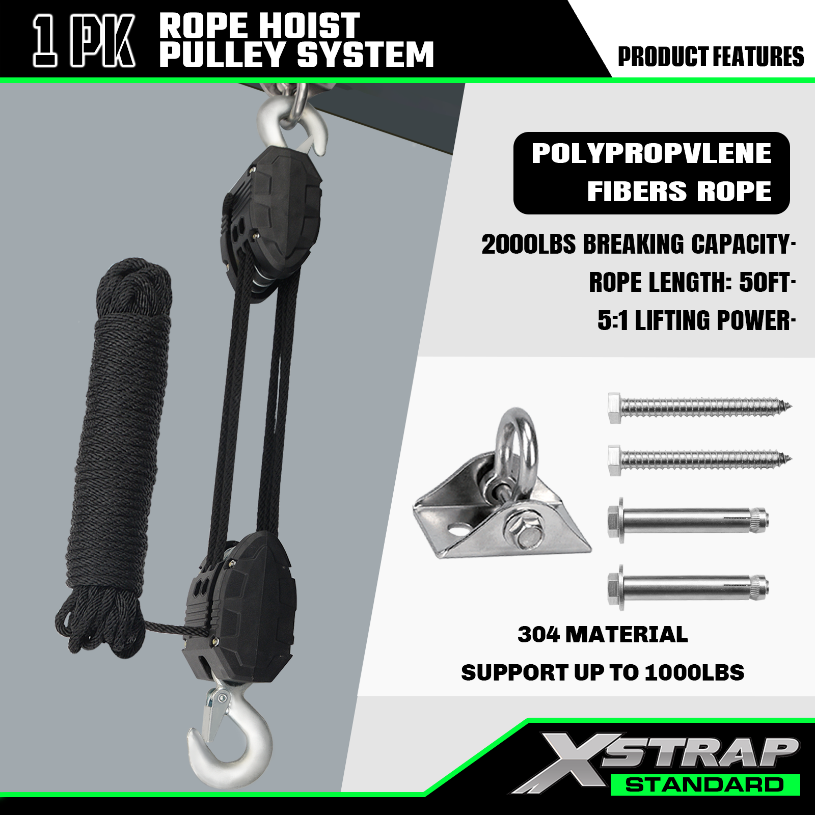 Xstrap AHLT0005 50 Feet Rope Hoist Pulley System 1000LB