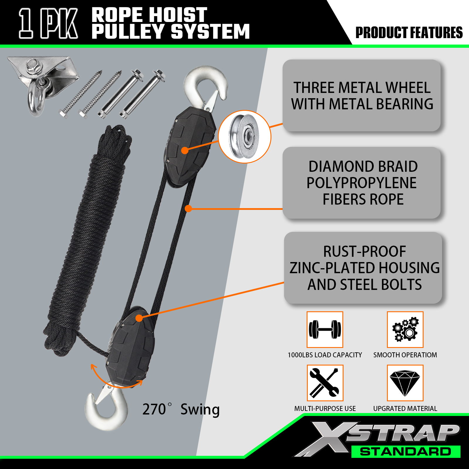 Xstrap AHLT0005 50 Feet Rope Hoist Pulley System 1000LB