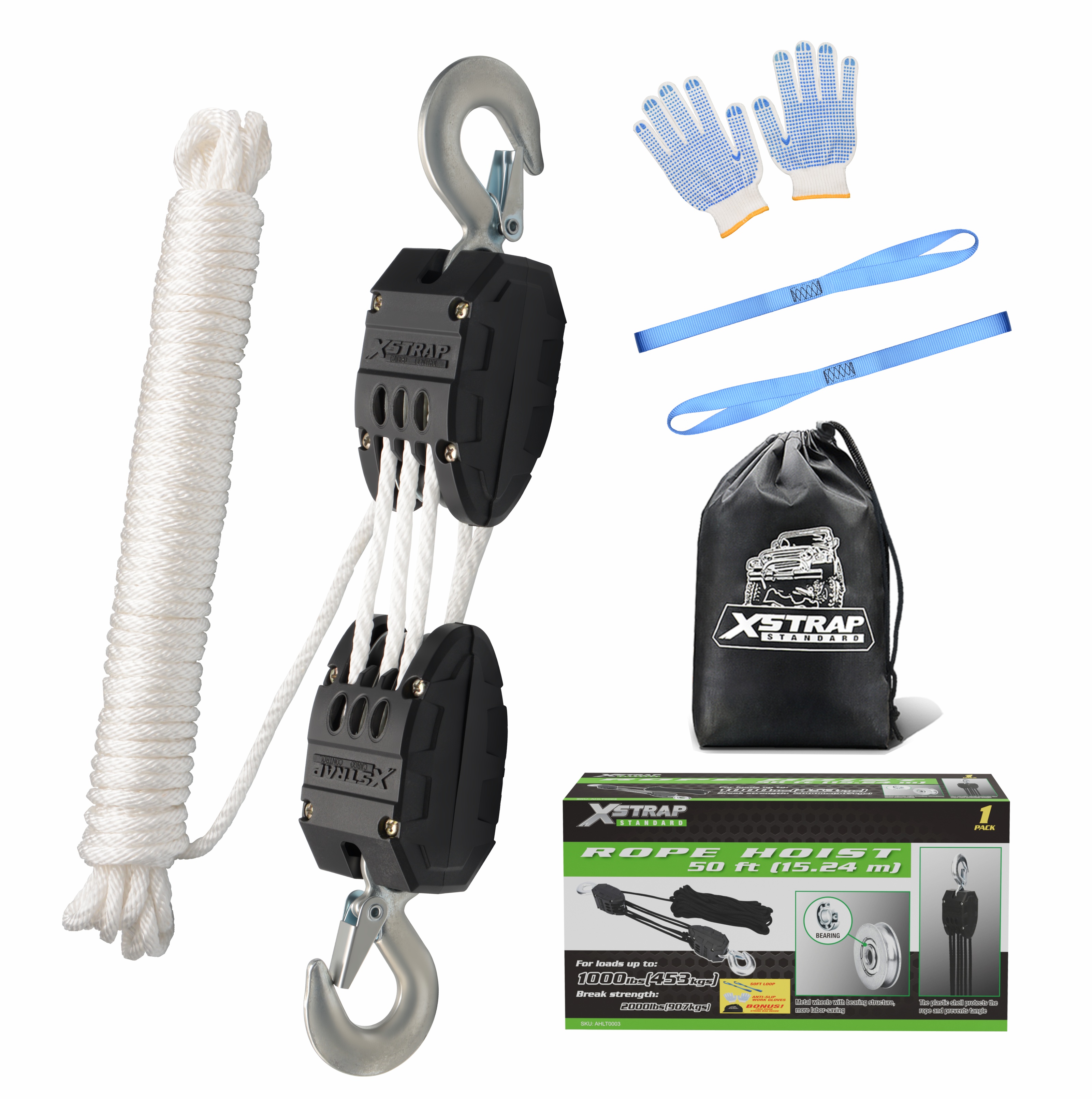 XSTRAP AHLT0003 White Rope Hoist Pulley System 1000LB Capacity