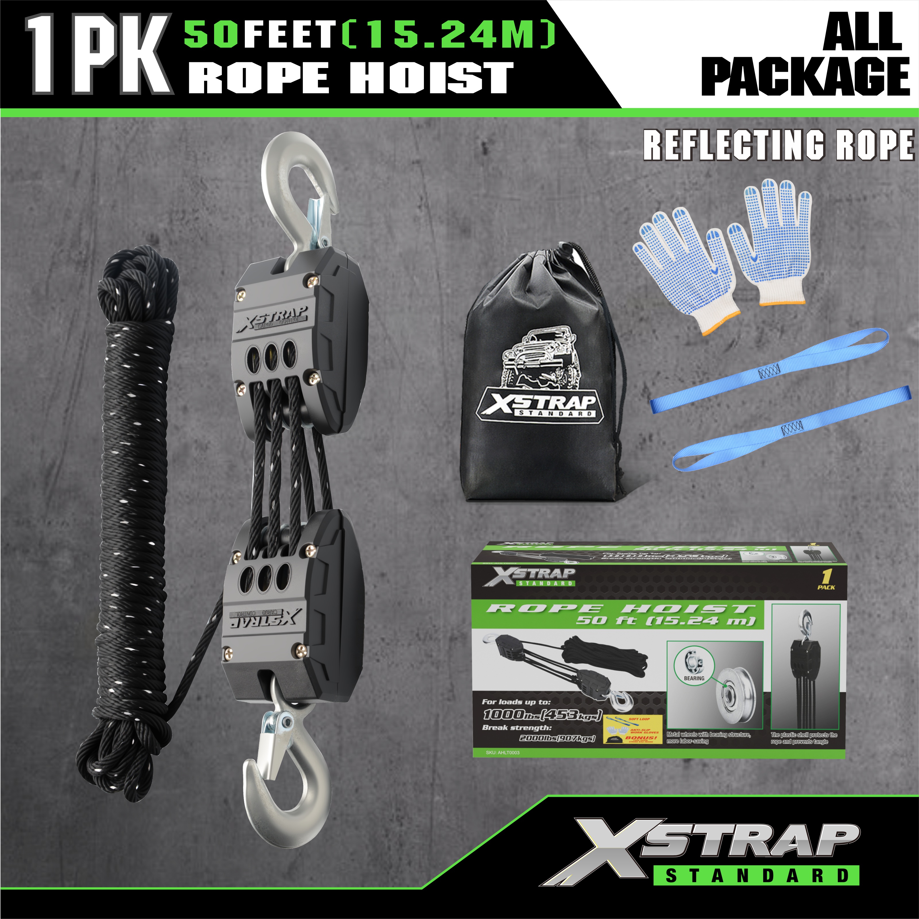 XSTRAP AHLT0003-reflective black Rope Hoist Pulley System 1000LB
