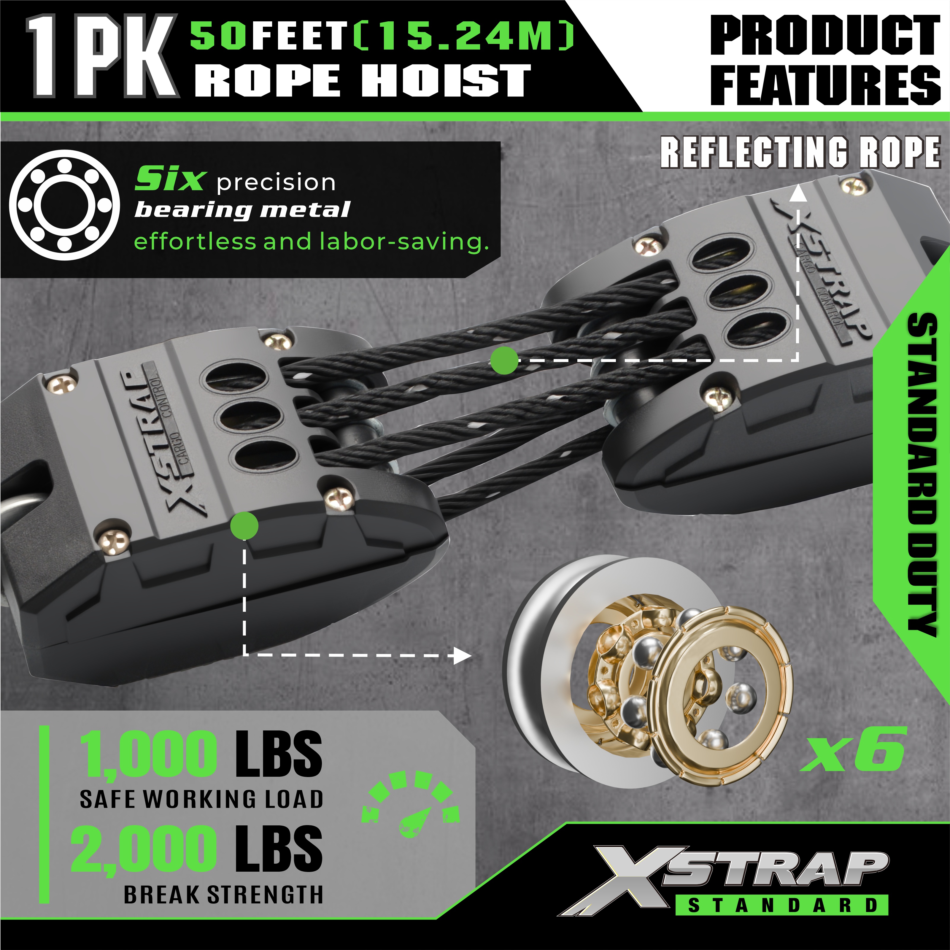 XSTRAP AHLT0003-reflective black Rope Hoist Pulley System 1000LB