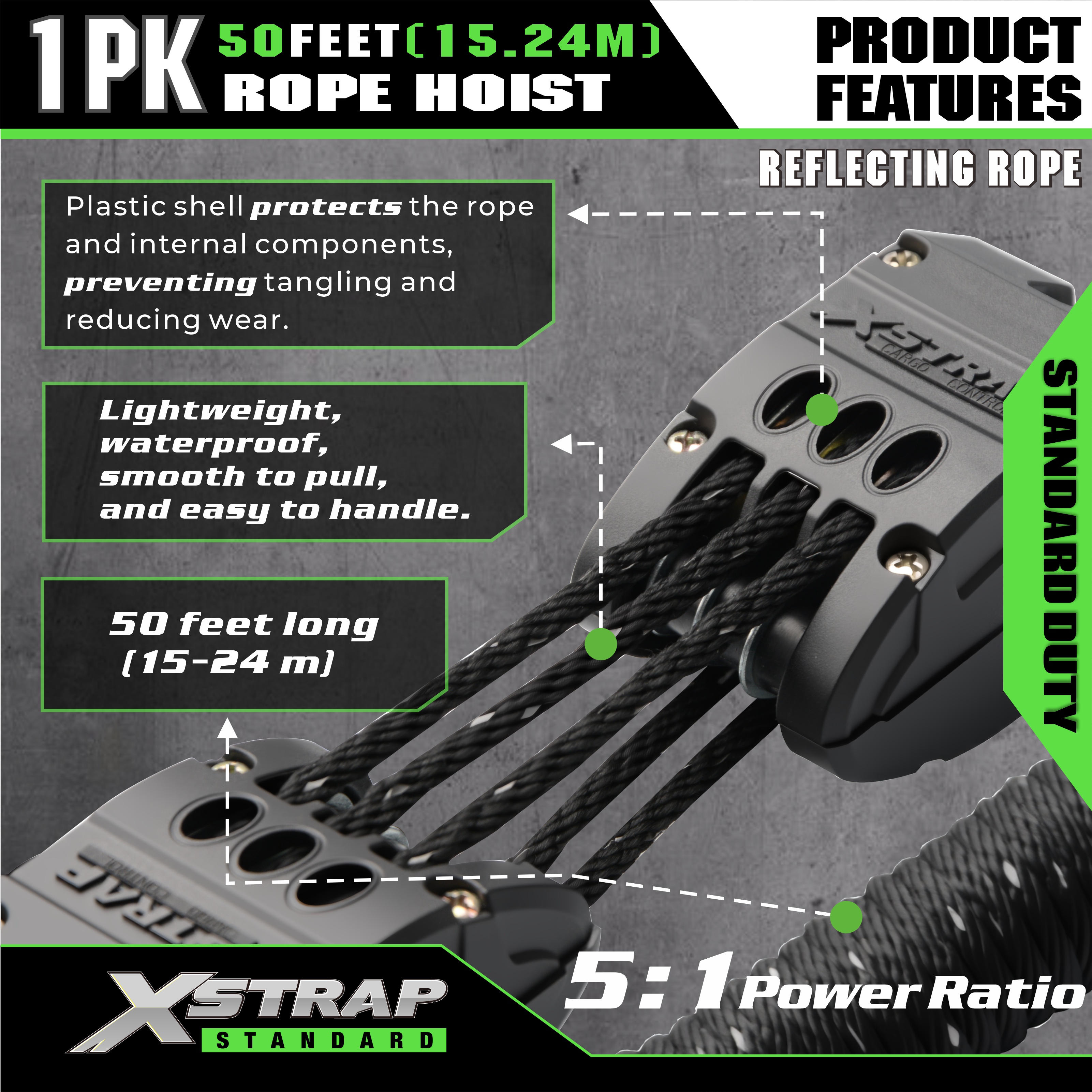 XSTRAP AHLT0003-reflective black Rope Hoist Pulley System 1000LB