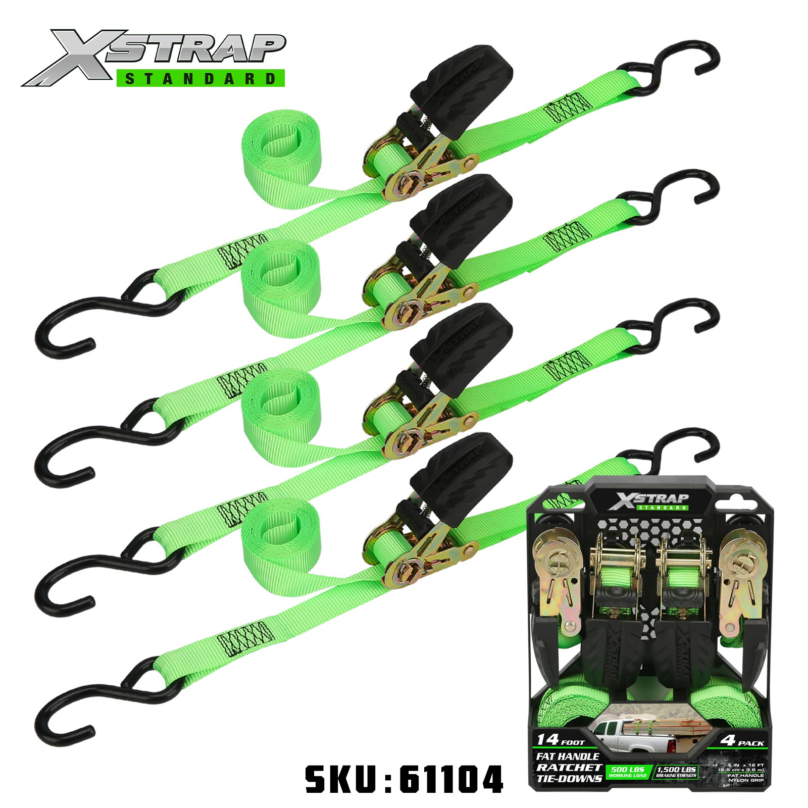  Xstrap 61104 1” x 12’ 4PK Ratchet Tie Down 500lb SWL