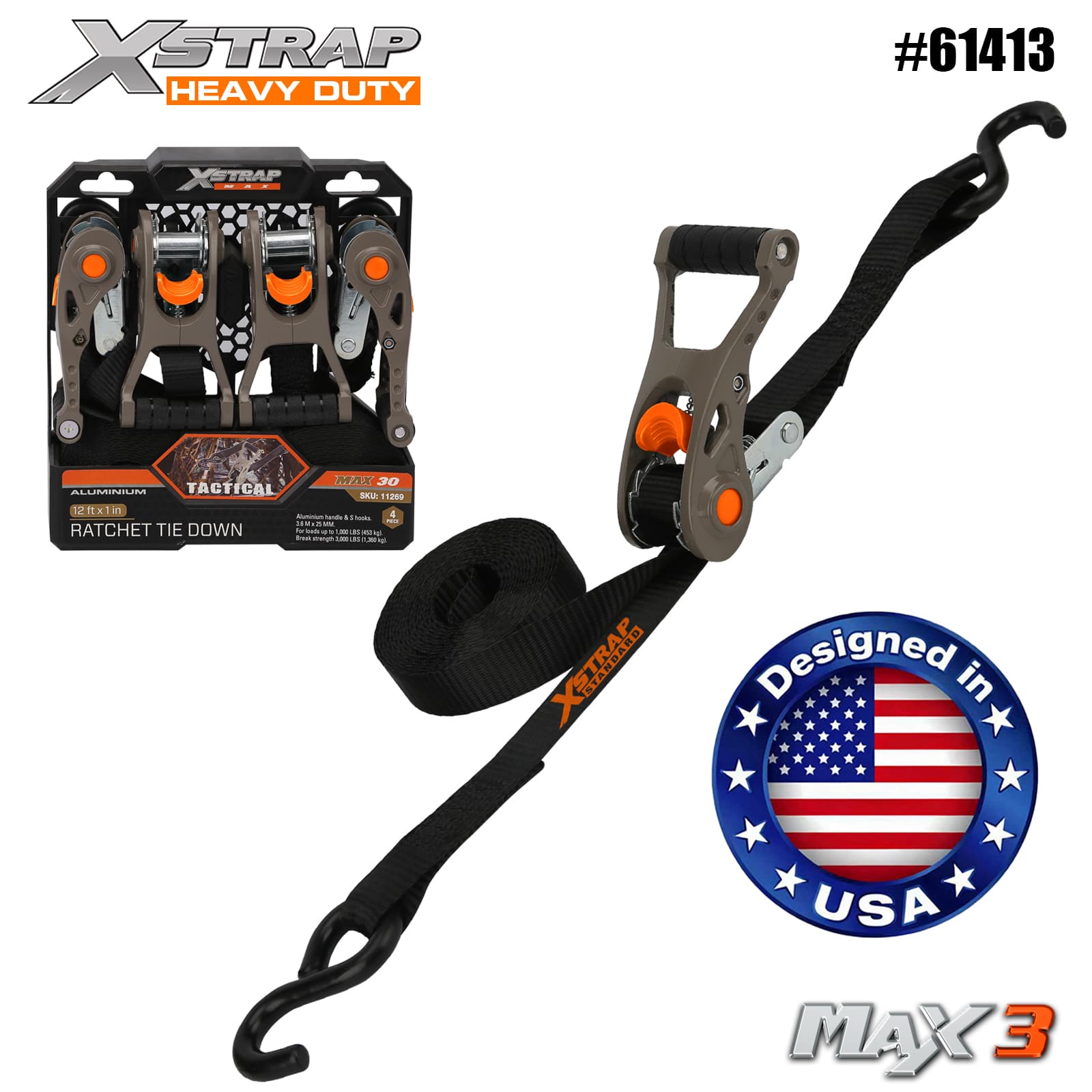  Xstrap 61413 1” x 14’ 4PK Tactical Ratchet Tie Down with Soft Loop 1000lb SWL