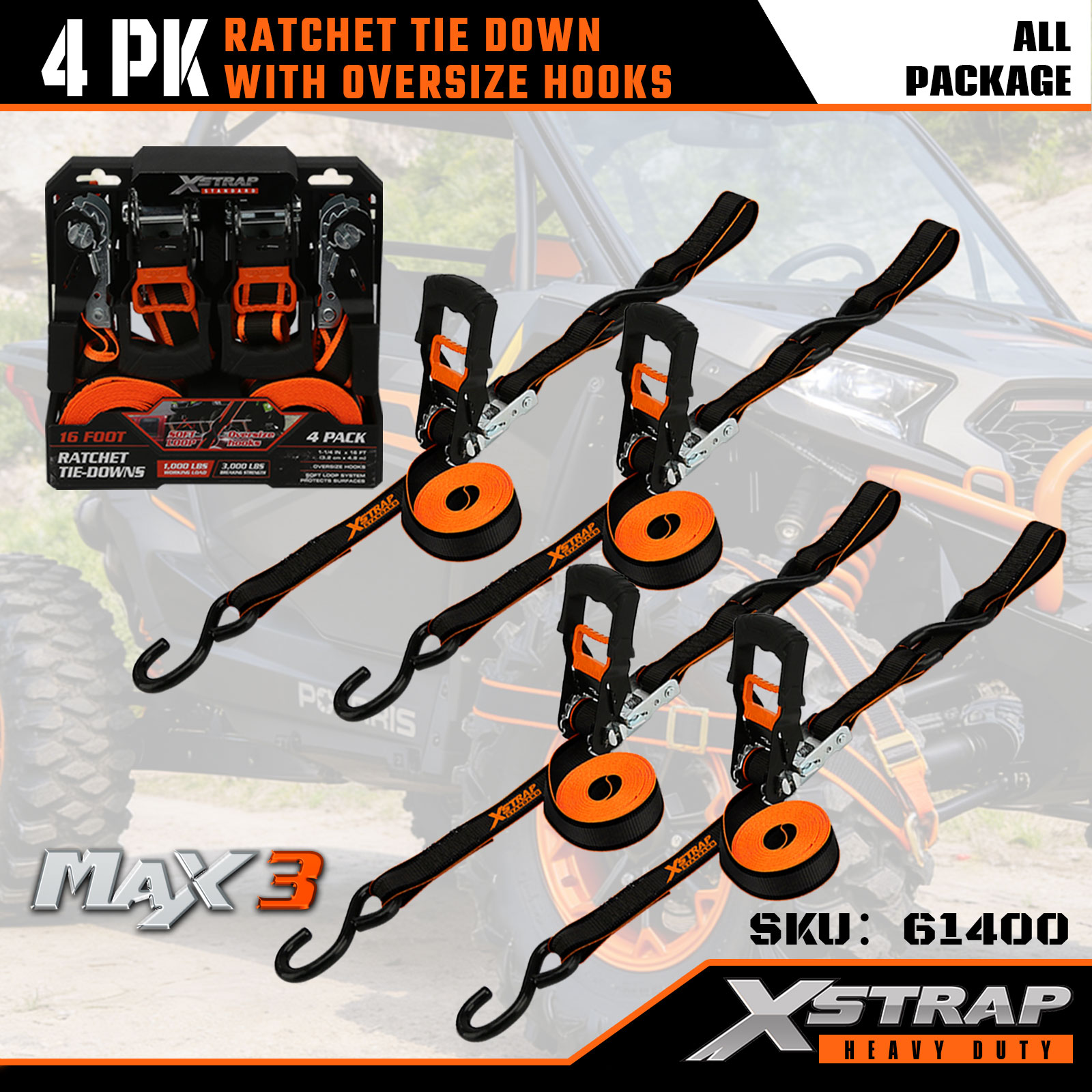 Custom Xstrap 61400 1-1/4” x 16’ 4PK Ratchet Tie Down with Oversize Hooks 1000lb