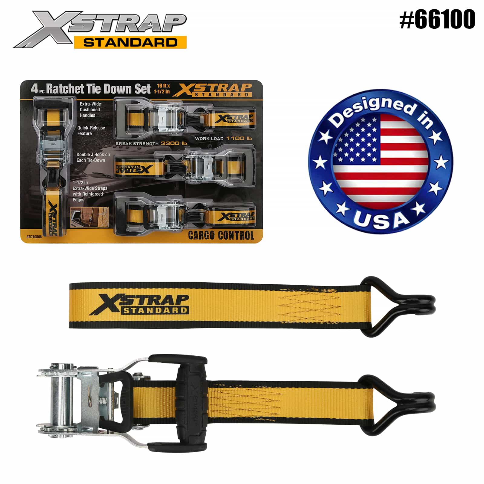 Xstrap 66100 1-1/2” x 16’ 4PK Ratchet Tie Down with Double J Hooks 1100lb SWL