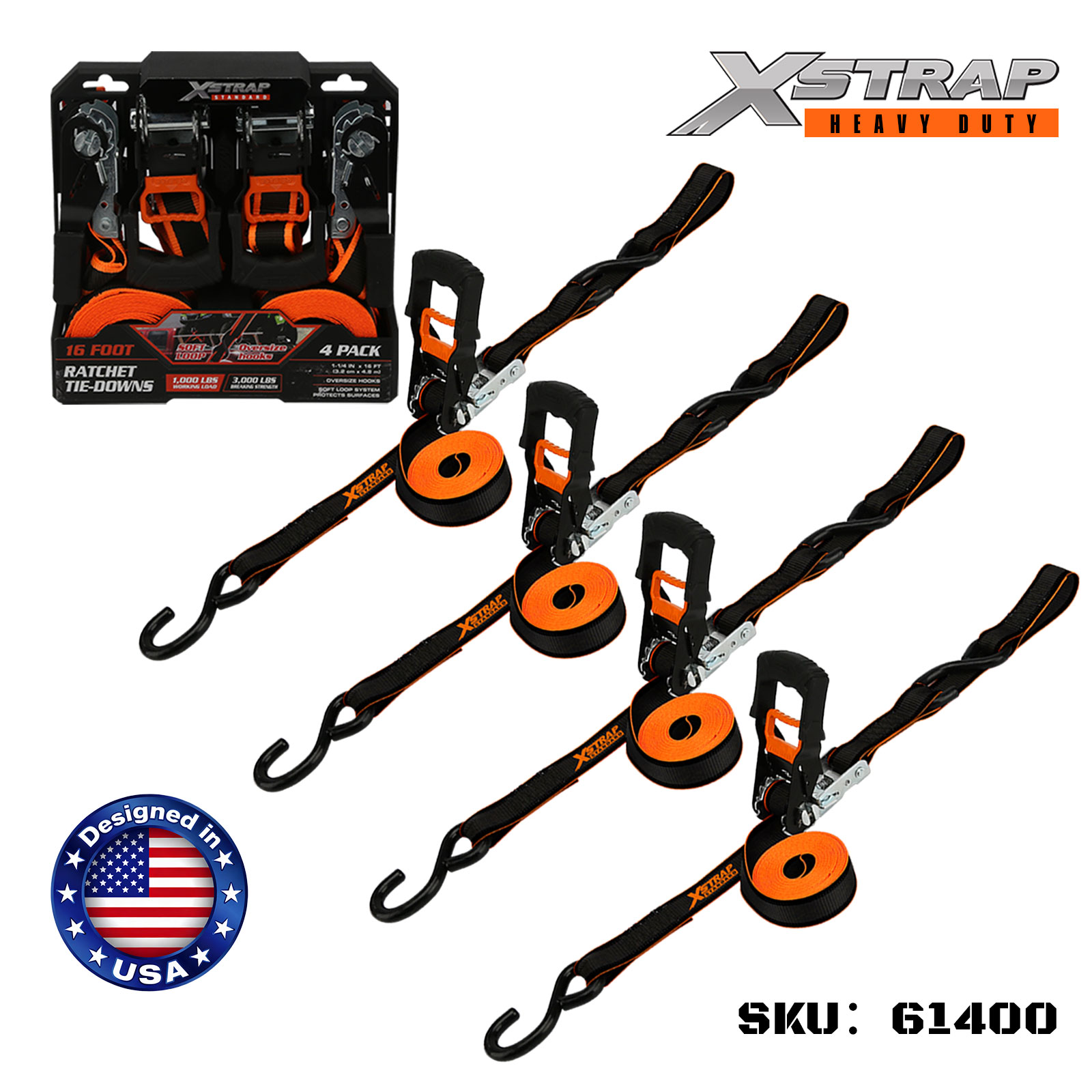 Xstrap 61400 1-1/4” x 16’ 4PK Ratchet Tie Down with Oversize Hooks 1000lb SWL
