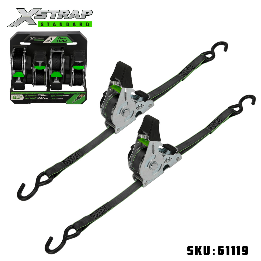Xstrap 61119 1” x 10’ 2PK Retractable Ratchet Tie Down with S Hooks 500lb SWL
