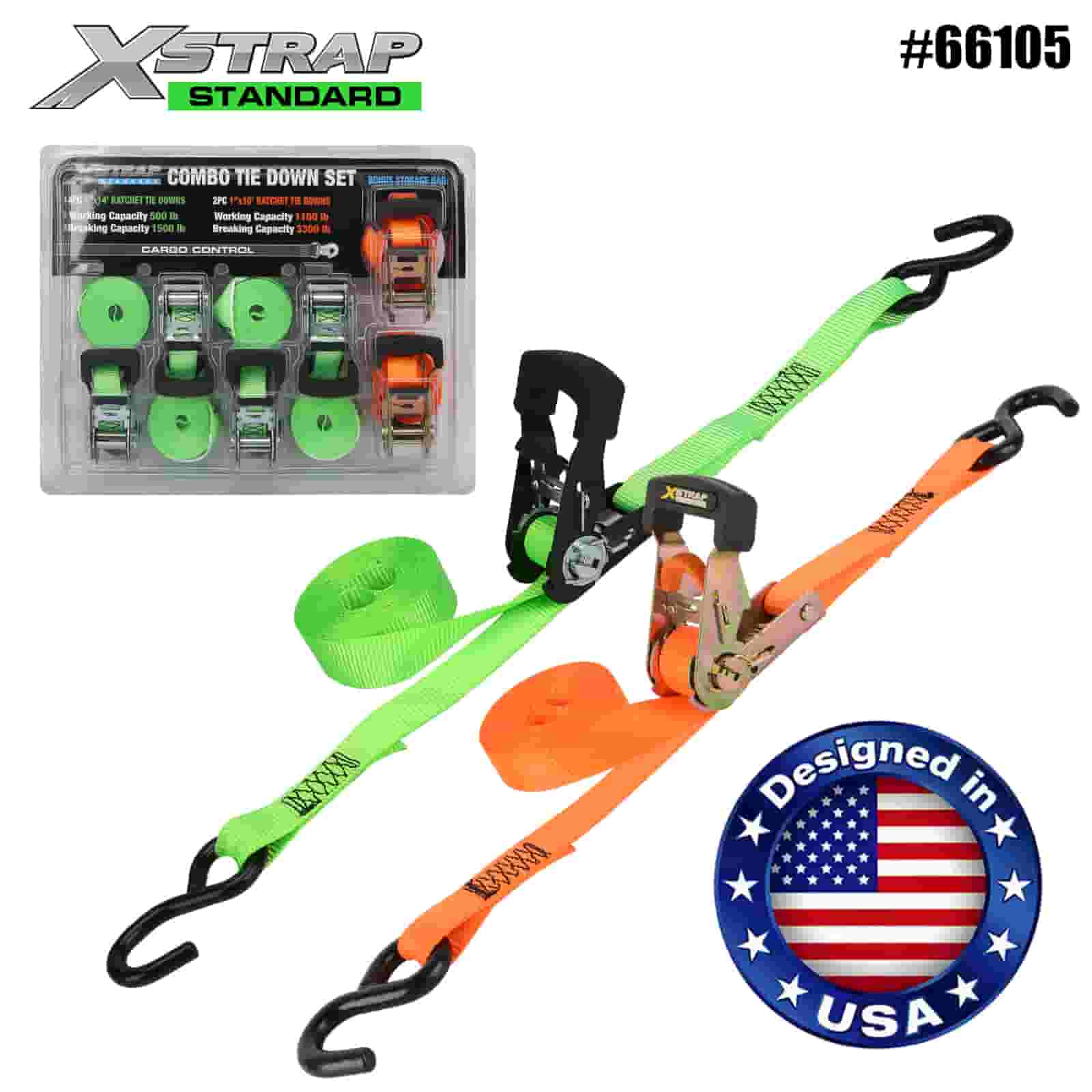 Xstrap 66105 1” x 14’ 4PK 500lb SWL and 1” x 10’ 2PK 1100lb SWL Combo Tie Down set