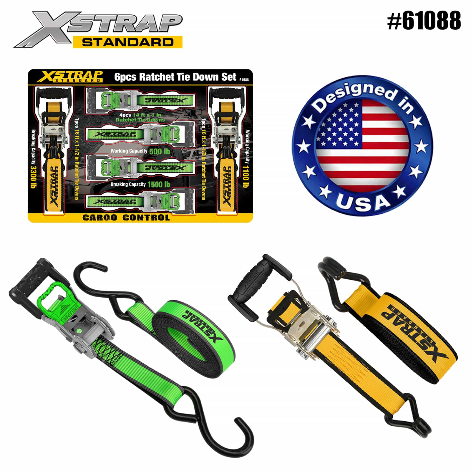 Xstrap 61088 1” x 14’ 4PK D Handle Ratchet with Soft Loop 500lb SWL and 1” x 16’ 2PK Extra-Wide Handle Ratchet Tie Down 1100lb SWL