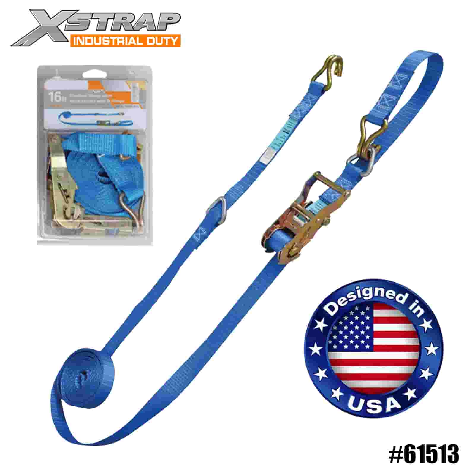 Xstrap 61513 1” x 16’ 4PK Ratchet Strap with D Rings and Wire Hooks 1000lb SWL