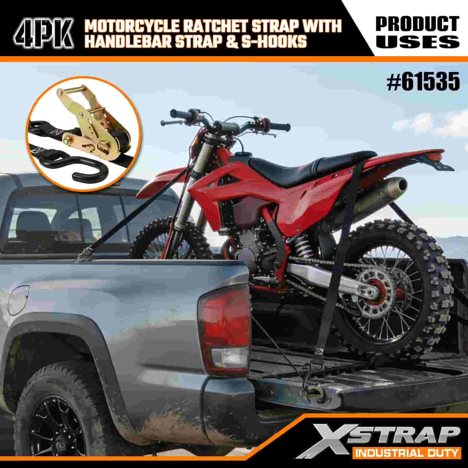 Custom Xstrap 61535 1” x 7’ 4PK Motorcycle Ratchet Strap with Handlebar Strap & 