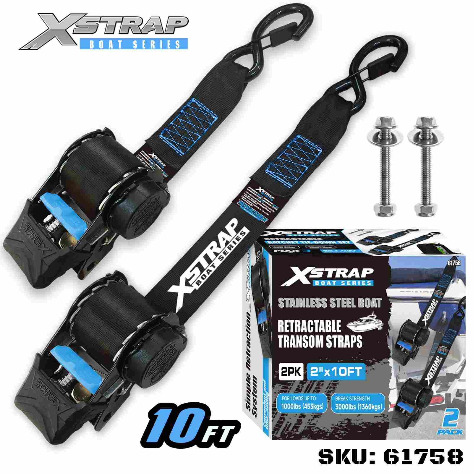 Xstrap 61758 2” x 3.6’ 2PK Boat Retractable Transom Strap with Safety S Hooks 1000lb SWL