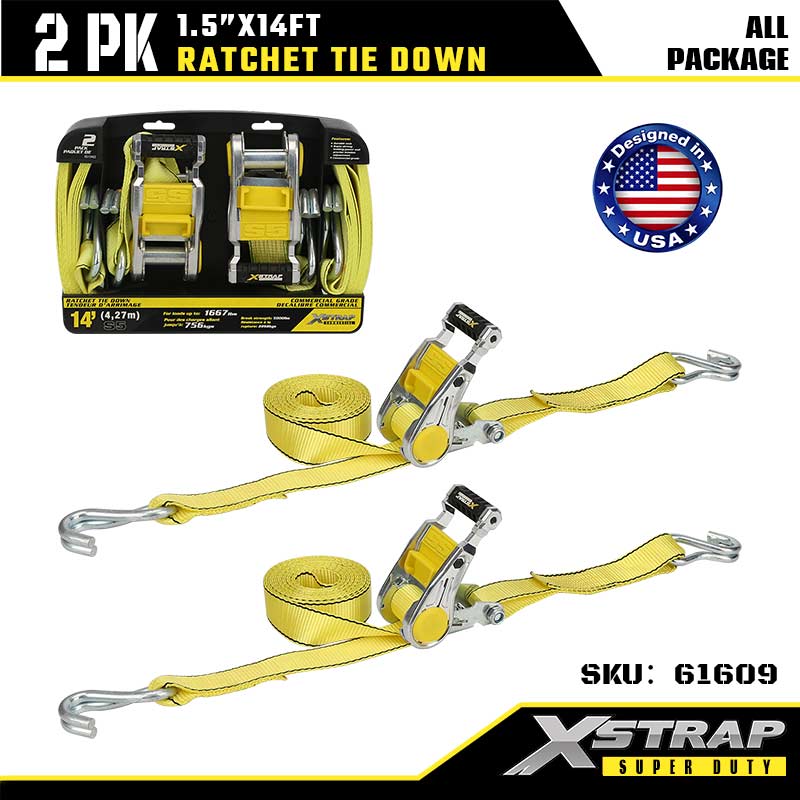 Xstrap 61609 1-1/2” x 14’ 2PK Ratchet Tie Down with Double J Hooks 1667lb SWL