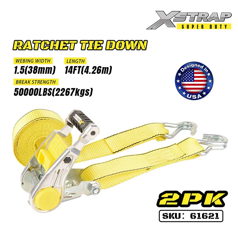 Xstrap 61621 2PK 1-1/2” x 14’ Ratchet Tie Down with Double J Hooks 1667lb SWL