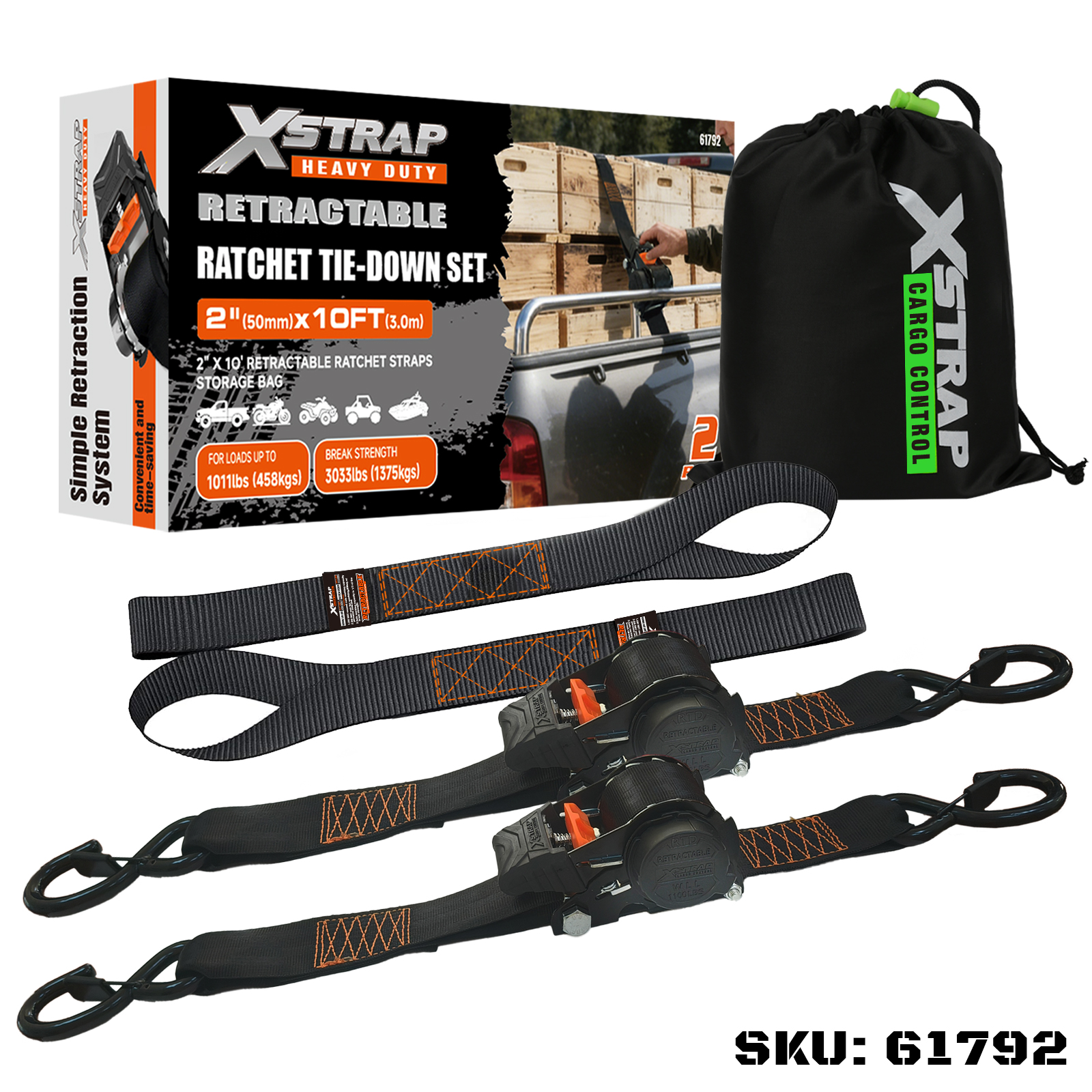 Xstrap 61792 2PK 2” x 10’ Retractable Ratcet Tie Down Set with Safety S Hooks 1011lb SWL