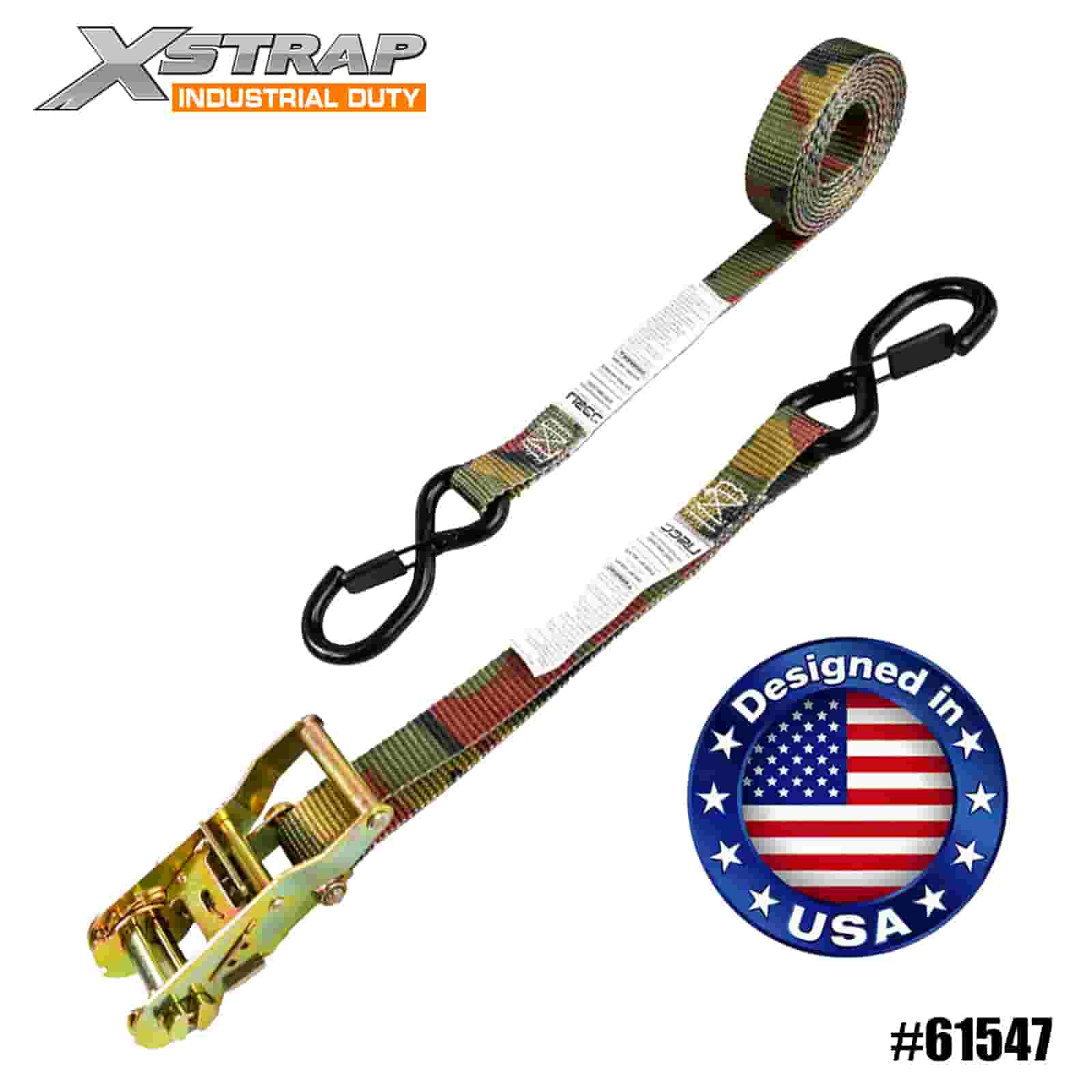 Xstrap 61547 1” x 8’ 4PK Camo Tree Stand Ratchet Strap with Vinyl Coated Safety S Hooks 400lb 