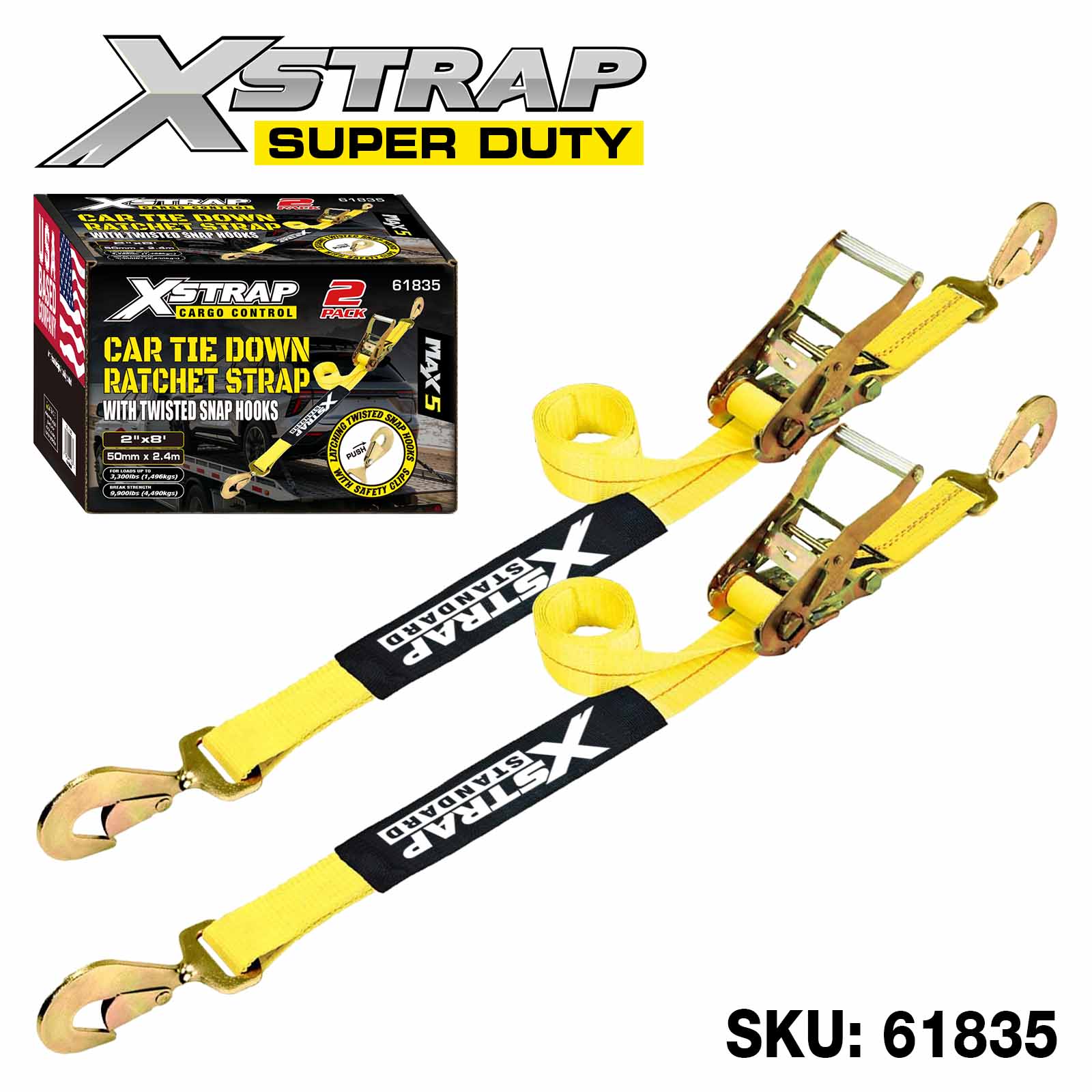 Xstrap 61835 2” x 8’ 2PK Car Tie Down Straps 3,300lb SWL
