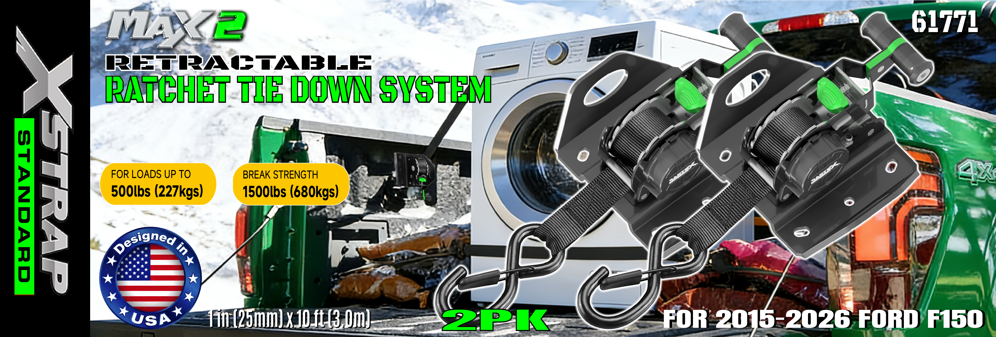 Xstrap 61771 Retractable Ratchet Straps Fits for F150 Car Accessories 500LB SWL