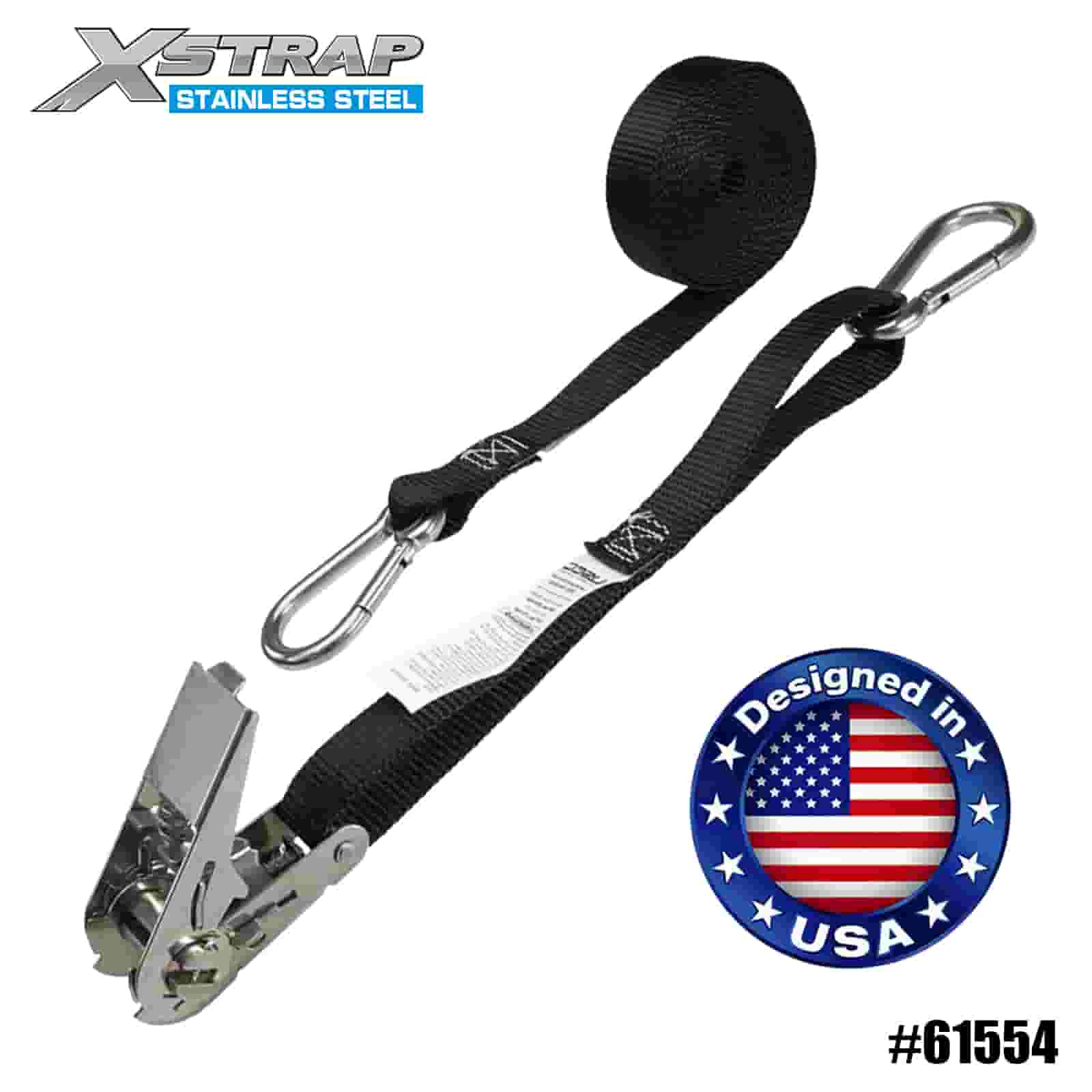 Xstrap 61554 1” x 10’ Black Stainless Steel Thumb Ratchet Strap with Carabiner Clips 166lb SWL