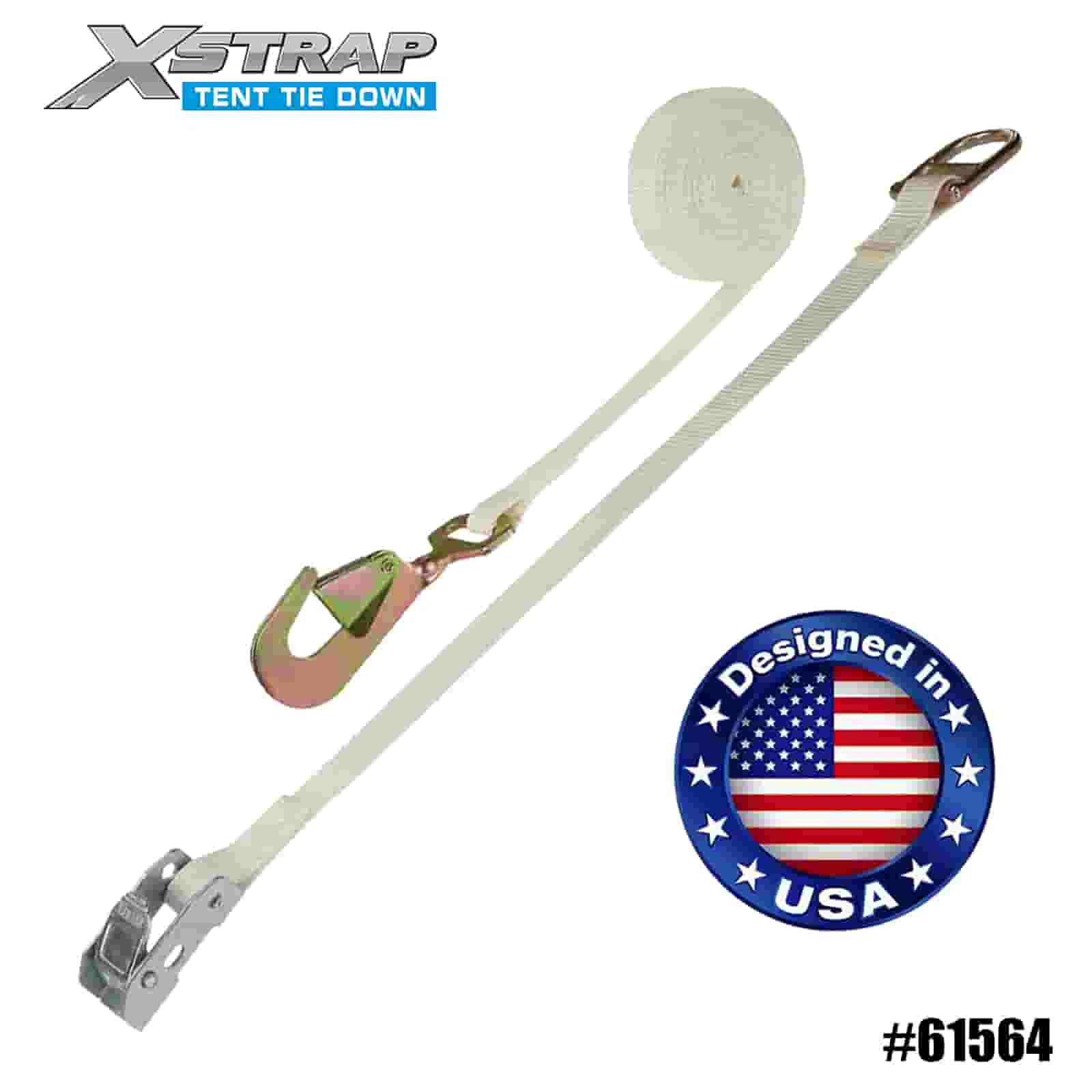 Xstrap 61564 1” x 15’ White Tent Cam Strap with Twisted Hook and Double D Ring 440lb SWL