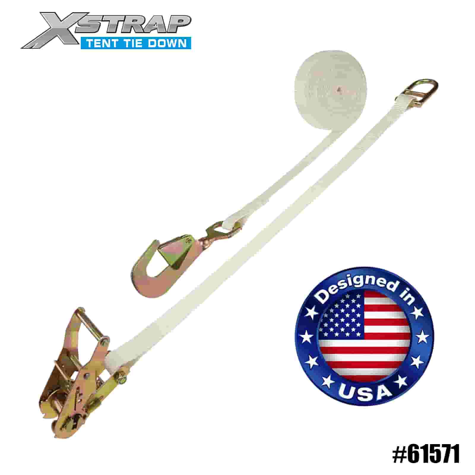 Xstrap 61571 4PK 1” x 15’ White Tent Rachet Strap with Twisted Snap Hook and Double D Ring 1100lb SWL