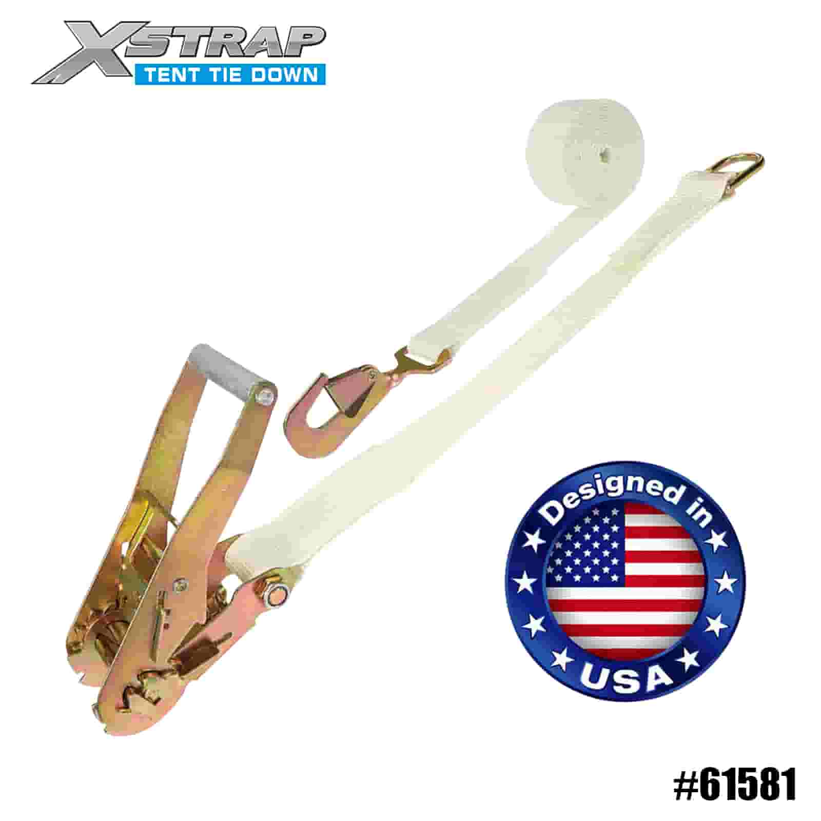 Xstrap 61581 4PK 2” x 15’ White Tent Strap with Twisted Snap Hook & Double D Ring 2000lb SWL