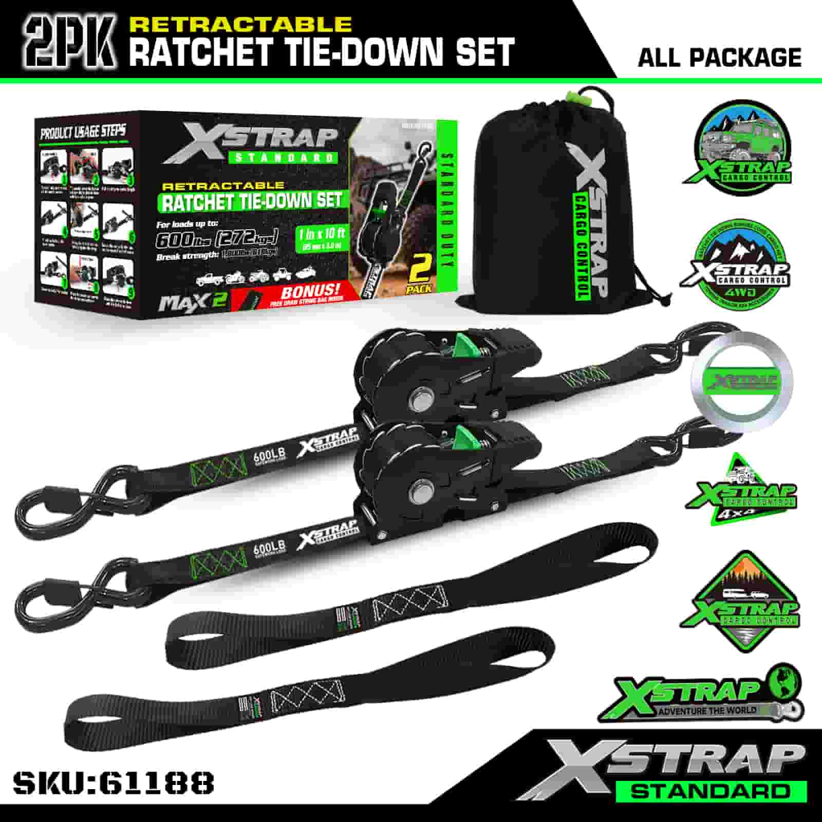 Xstrap 61188 2PK 1” x 10’ Retractable Ratchet Tie Down with Safety S hooks 600 lb SWL