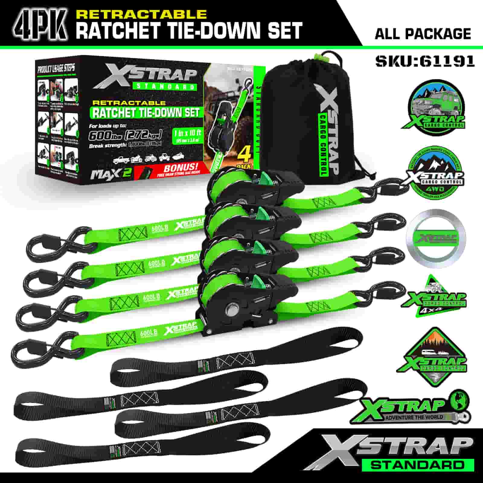 Xstrap 61191 4PK 1” x 10’ Retractable Ratchet Tie Down with Safety S hooks 600 lb SWL