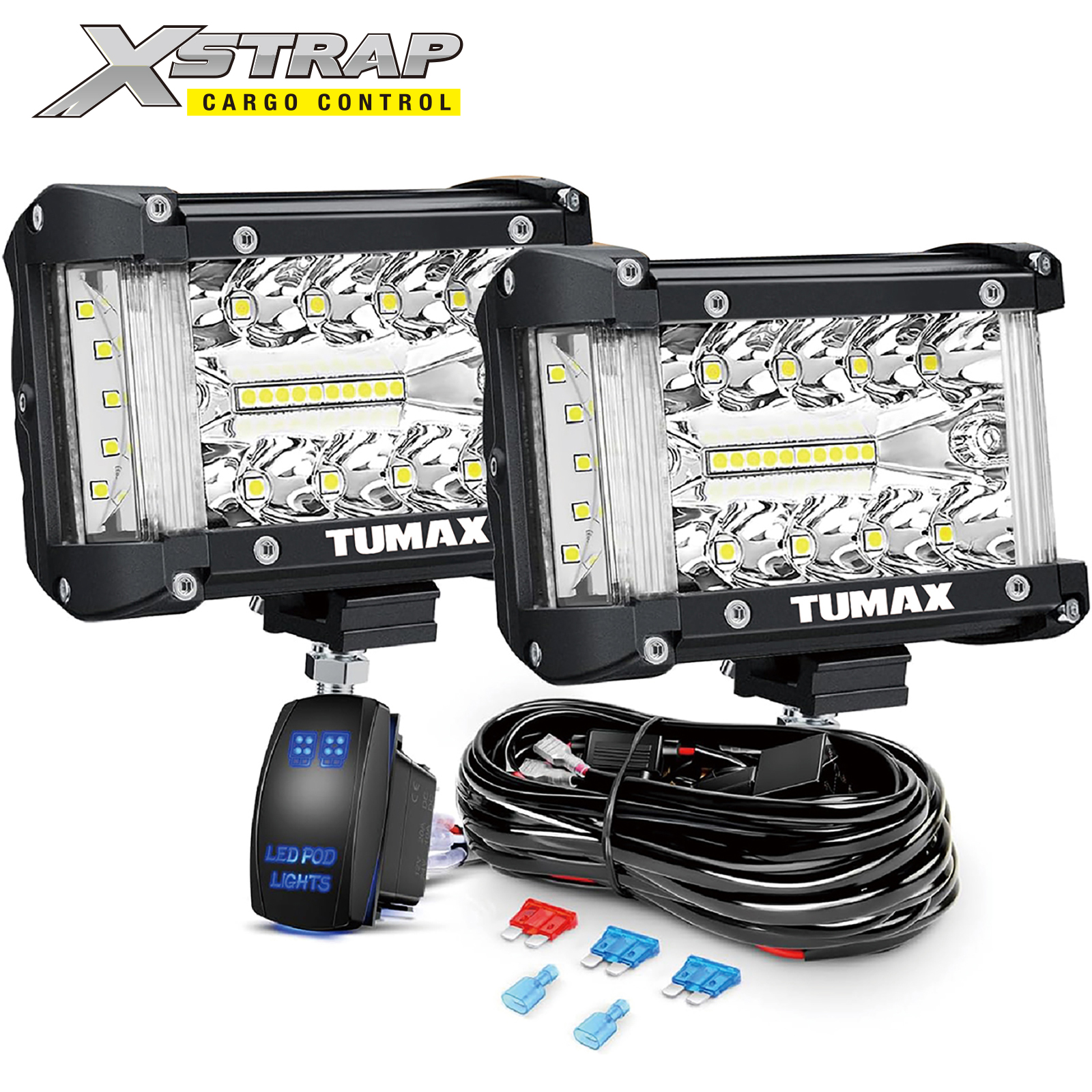 Xstrap 49211 4.3 Inch Triple Row Spot Flood Combo LED Lights With 5-pin Rocker Switch Wiring Harness Kit