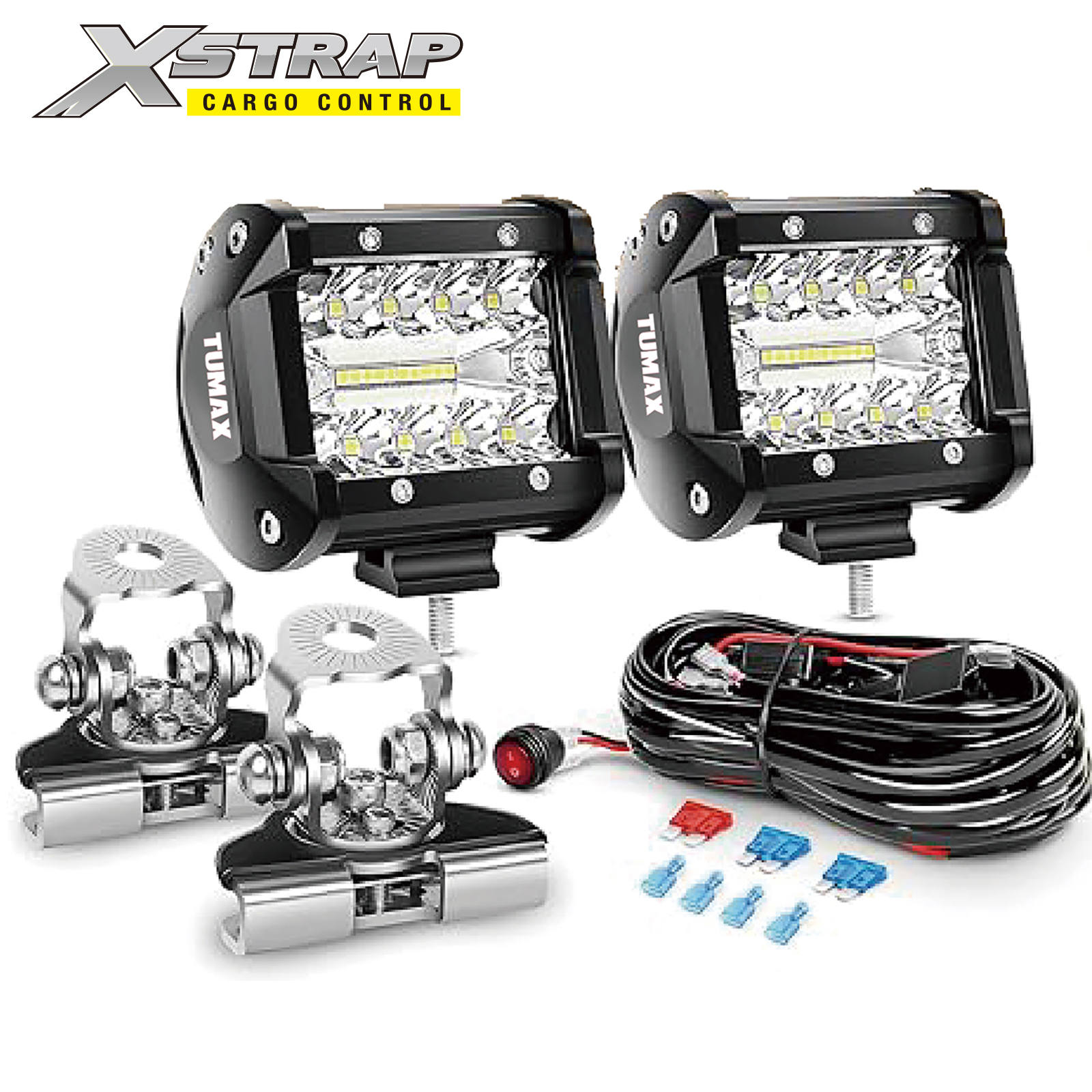 Xstrap 49224 4 Inch 60W Flood Spot Combo 3 Row LED Pods Light with Pillar Hood Mount Bracket Clamp Holder And Wiring Harness Kit